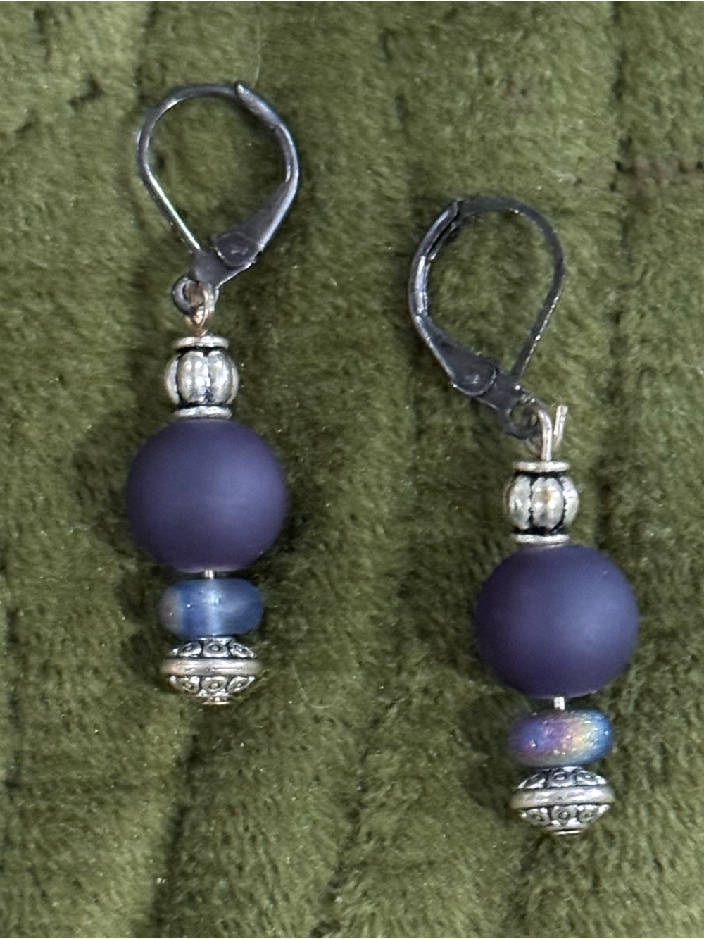 Vintage 90's Handmade Blue Frosted Glass Bead Drop Earrings w Silver Accents